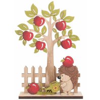 dekorace dřevěný strom s plotem a ježkem 23 cm (5143)